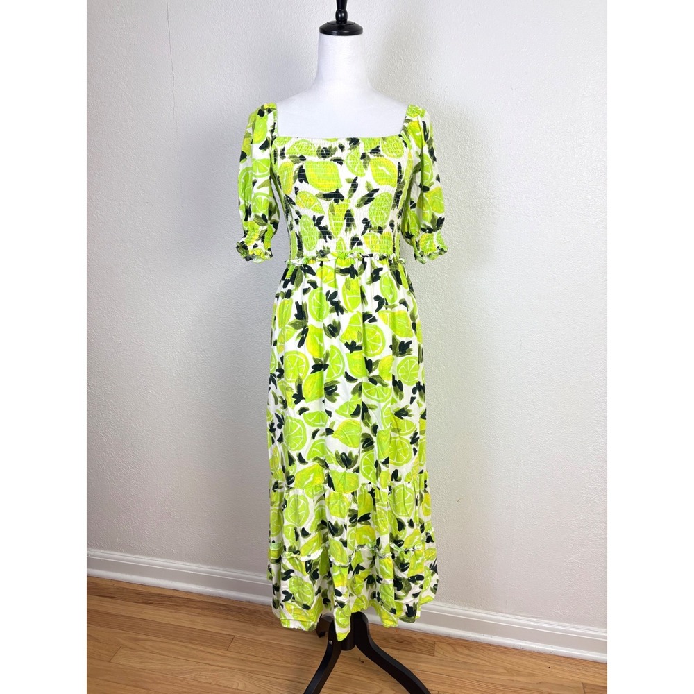 Steve Madden All Over Fruit Print‎ Puff Sleeve Tiered Maxi Dress SMALL Cottage